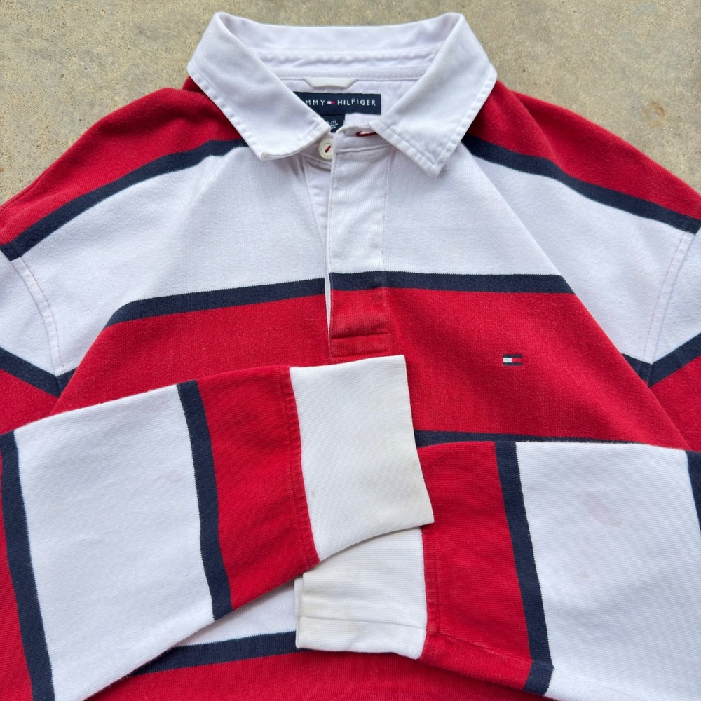 Vintage Y2K Tommy Hilfiger Rugby Shirt Striped Preppy Red White Large (D9)